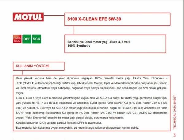 Motul 8100 X-Clean EFE 5W-30 5 Litre %100 Sentetik Motor Yağı