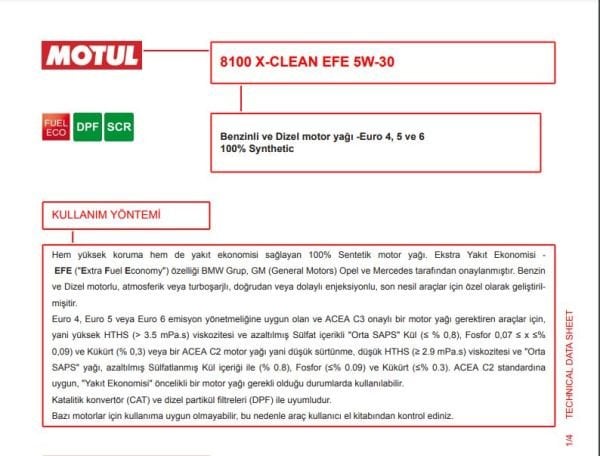 Motul 8100 X-Clean EFE 5W-30 4 Litre %100 Sentetik Motor Yağı