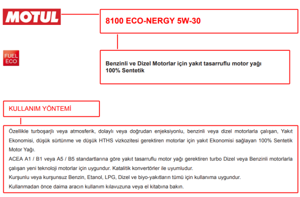 Motul 8100 Eco-Nergy 5W-30 5 Litre %100 Sentetik Motor Yağı