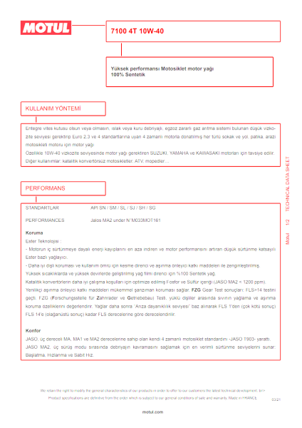 Motul 7100 10W-40 1 Litre %100 Sentetik Motor Yağı