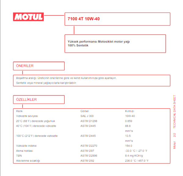 Motul 7100 10W-40 1 Litre %100 Sentetik Motor Yağı