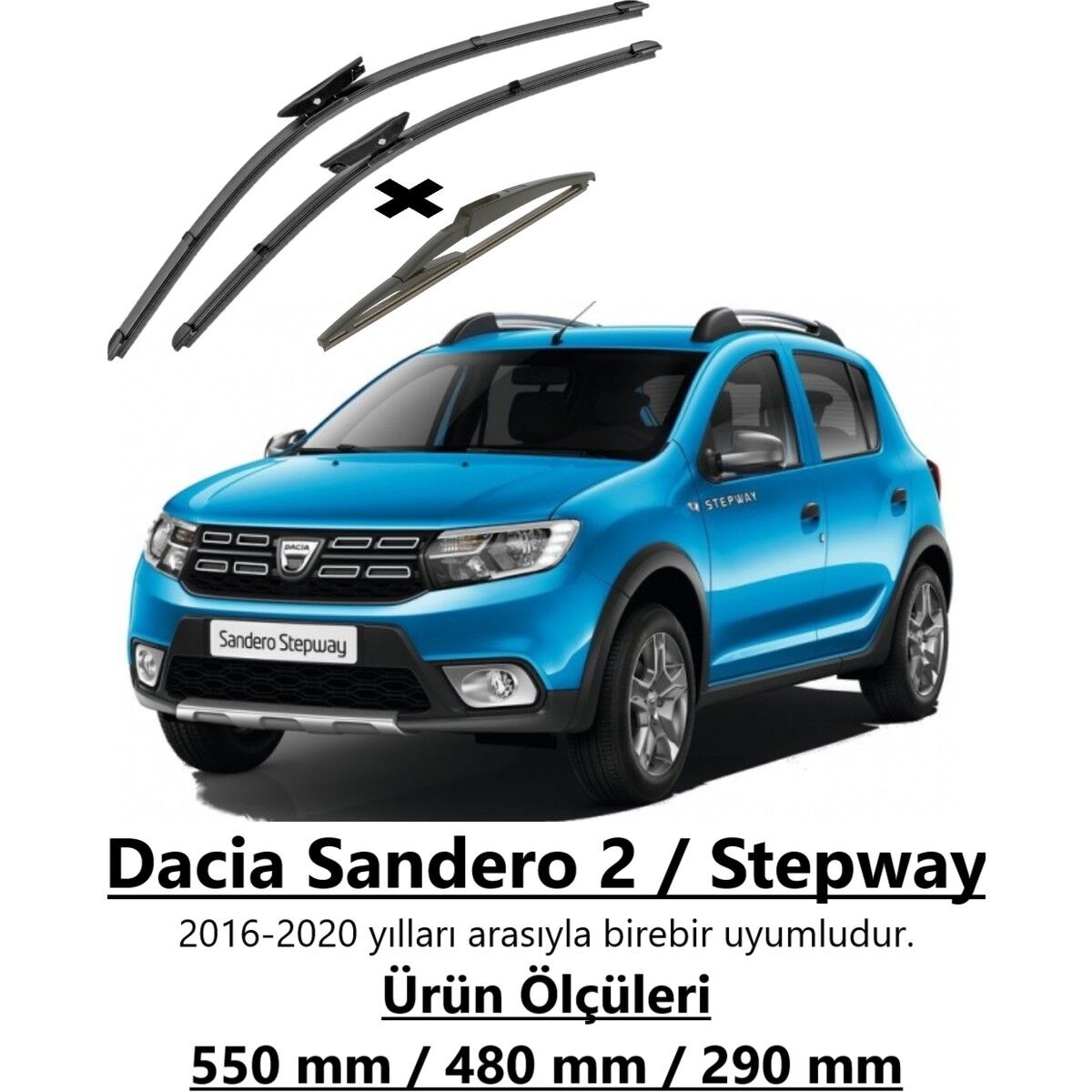 R.B.W. Dacia Sandero 2 Stepway 2016-2020 Ön Ve Arka Muz Silecek Takımı